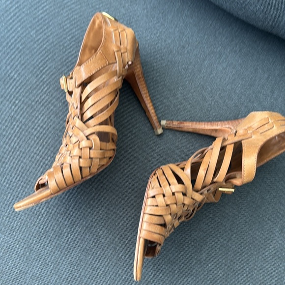 Tory Burch Leather Woven Heels Size 9| Natural Designer Tan Gladiator - Picture 6 of 10